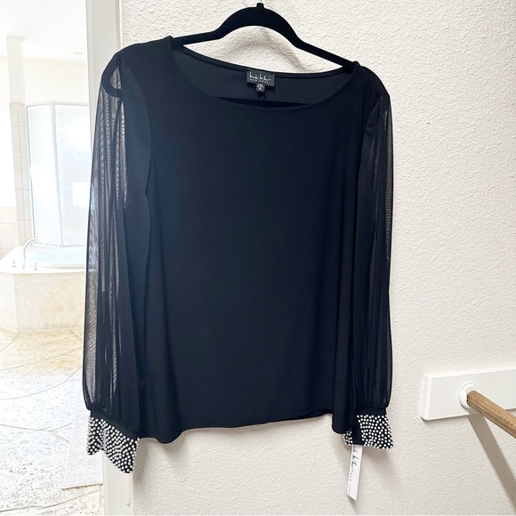 Nicole Miller Tops - NEW NICOLE MILLER Sheer Long Sleeve Top Black XL Pearl Wrist NWT